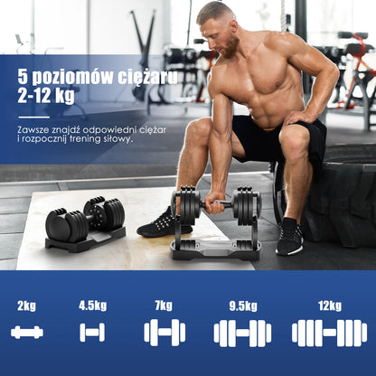 2 to 12 KG Adjustable Dumbbells 5 Weight Levels Short Dumbbells Set with Weight Discs, Short Dumbbells Adjustable Variable Weights 5 in 1 Set of 2
