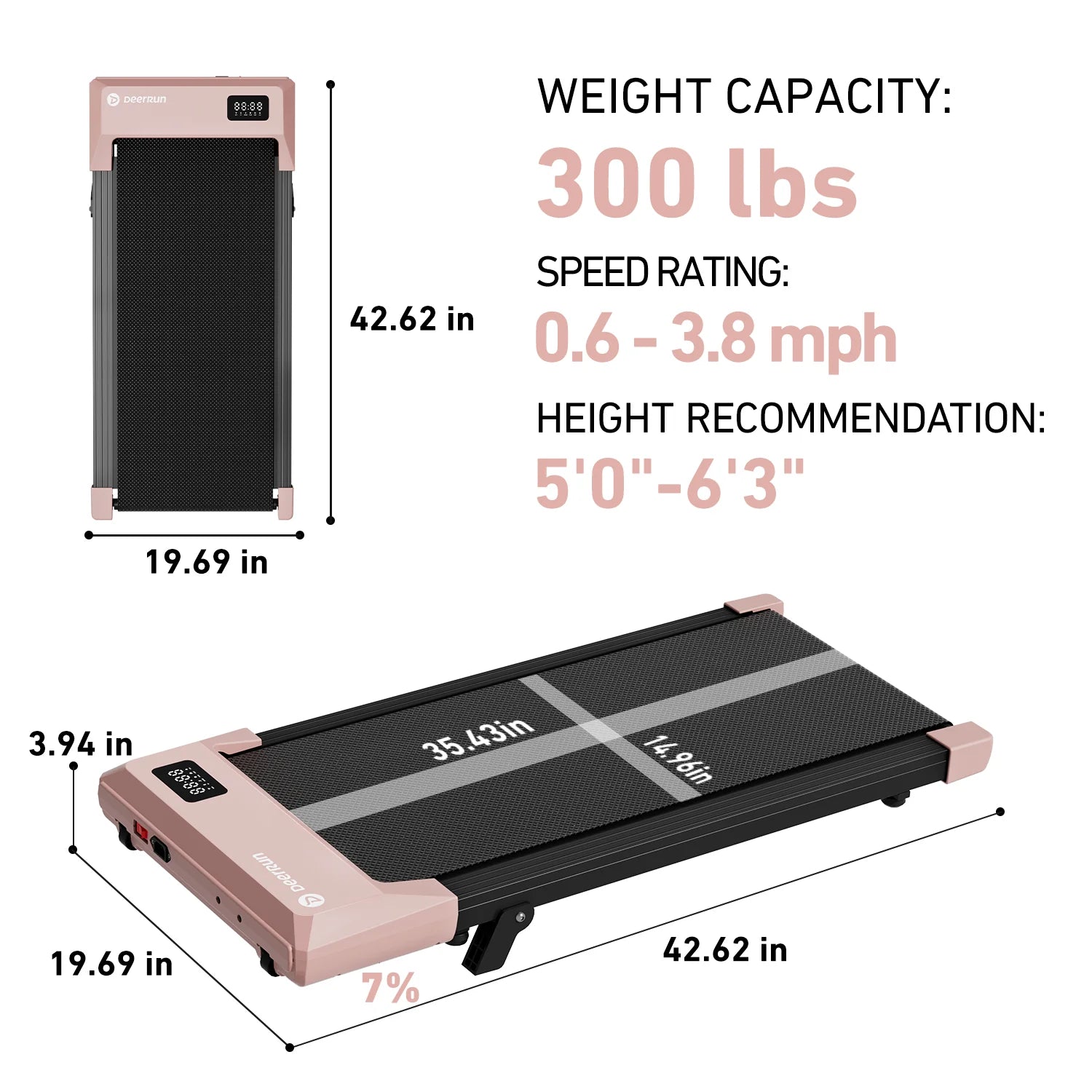Deerrun Q2 Urban 7% Incline Under-Desk Walking Pad with Smart Control | Rose Gold